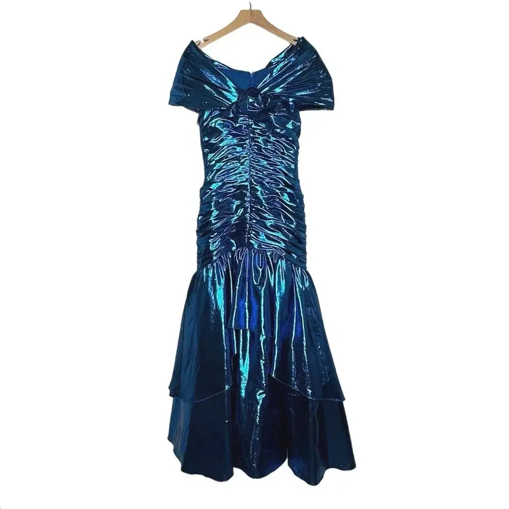 Vintage 80's John Charles Eveningwear Metallic Blue Prom Dress Gown Ruched‎ Sz 6